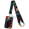 A black and colorful lanyard featuring autism awareness symbols and a floral charm.