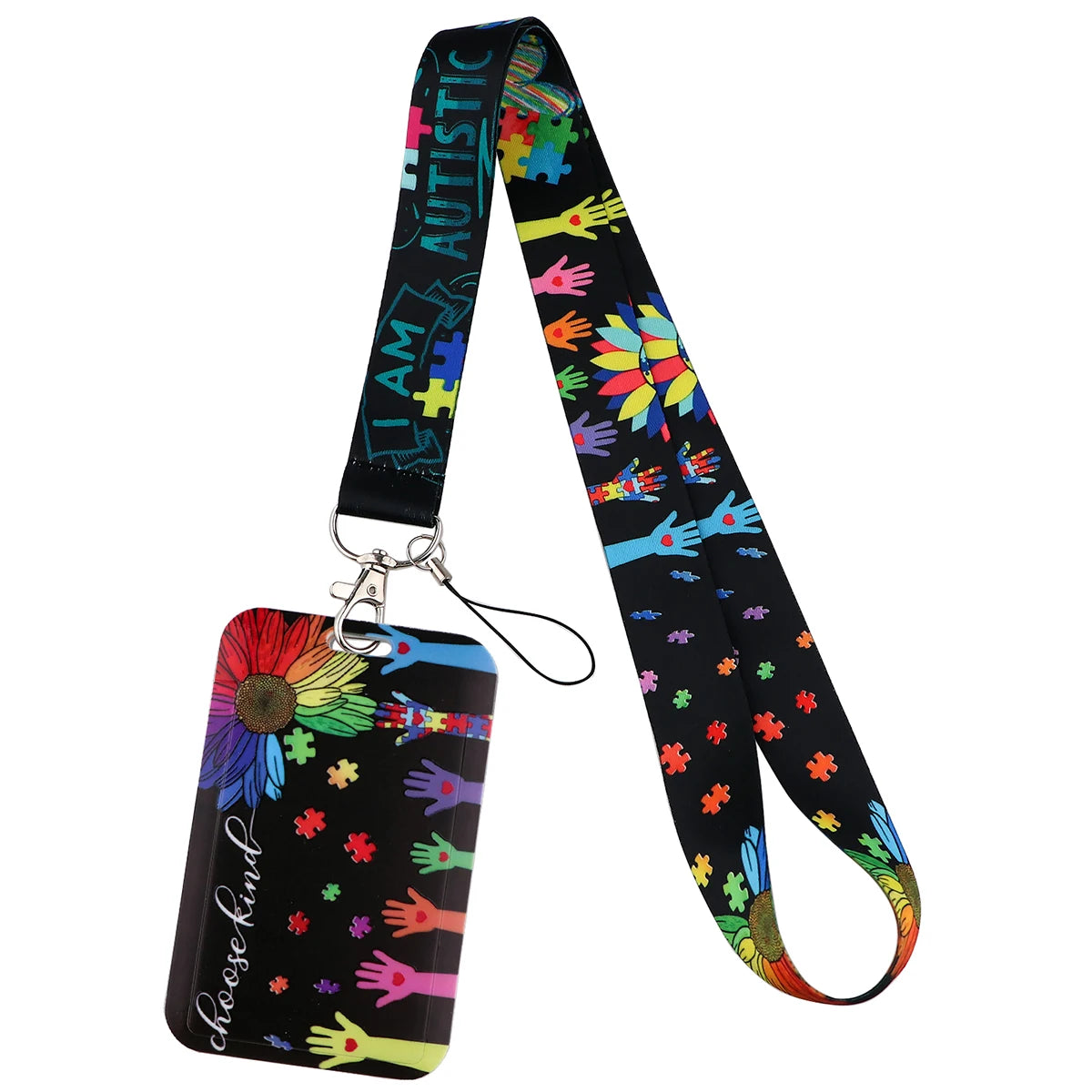 A black and colorful lanyard featuring autism awareness symbols and a floral charm.