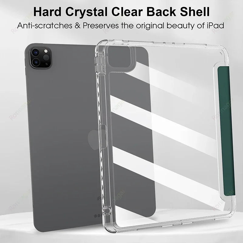 A clear hard crystal back shell case for an iPad, featuring a striped design and a green accent.