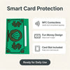A green card holder with a NFC chip and a slot, designed for smart card protection.