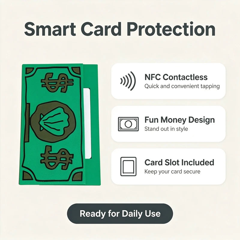 A green card holder with a NFC chip and a slot, designed for smart card protection.
