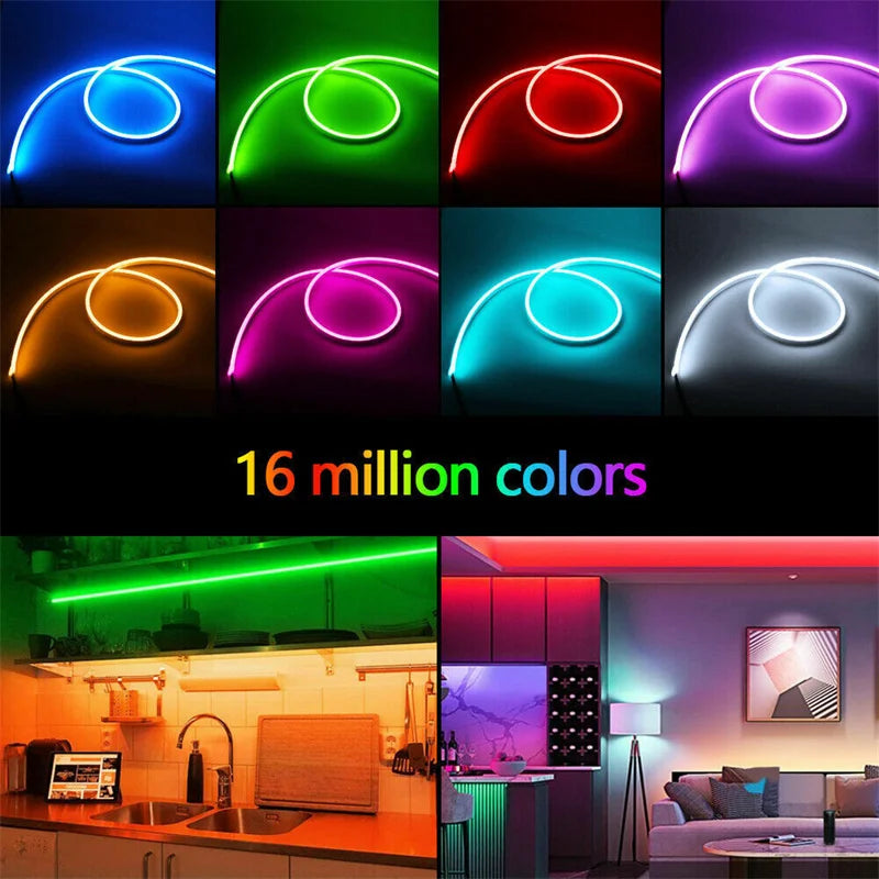 Una cuadrícula de 16 luces LED de neón mostrando varios colores y formas, con una encimera de cocina en la parte inferior.