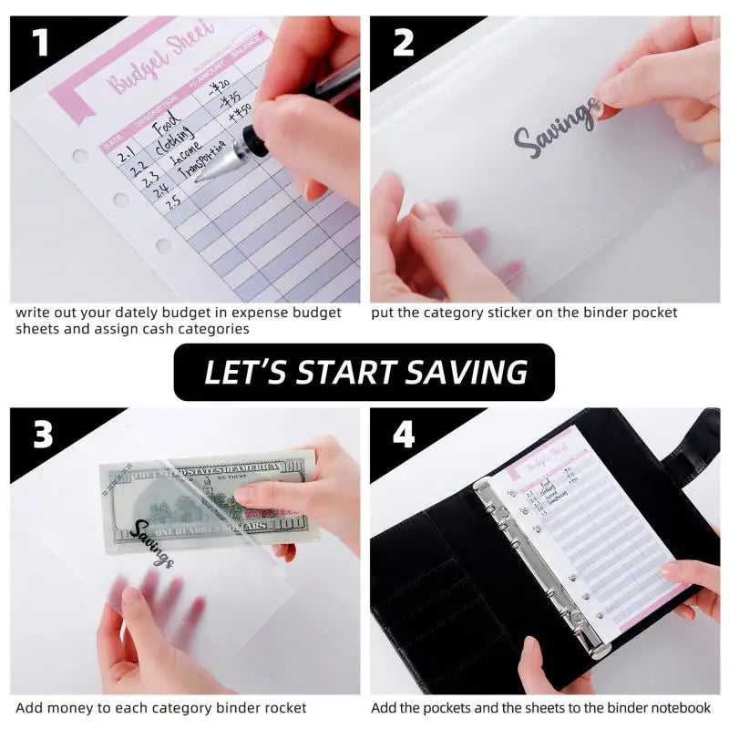 Four steps showing how to use an A6 PU Leather Budget Binder with Cash Envelopes for saving money