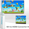 A white Wii to HDMI converter adapter with a colorful game screen displaying characters and gameplay.