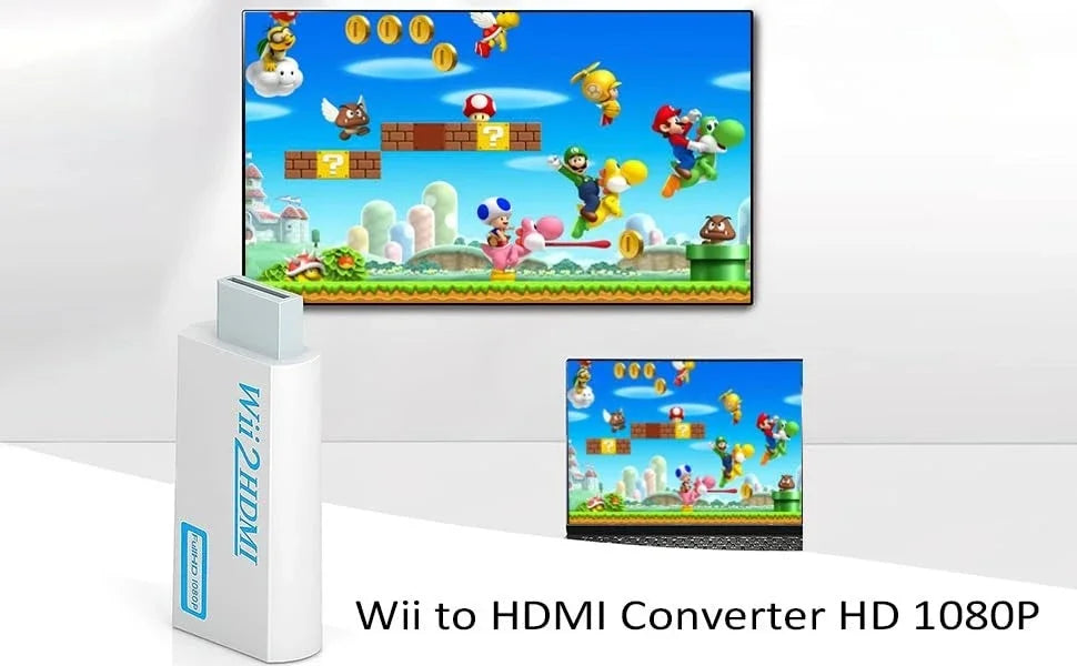 A white Wii to HDMI converter adapter with a colorful game screen displaying characters and gameplay.
