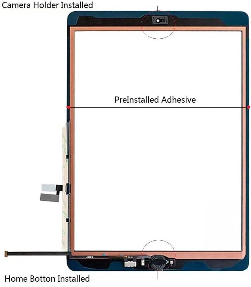 Diagramm zur Installation eines Kameraholders, vorgefertigtem Klebstoff und einer Home-Taste auf einem iPad-Touchscreen