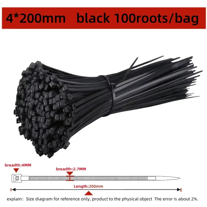 Black 4x200mm heavy-duty nylon cable ties with self-locking design, showing the product and dimensions.