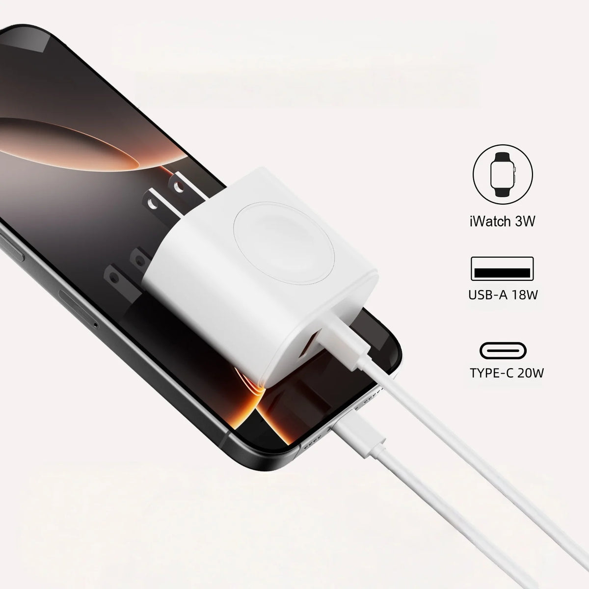 Chargeur multi-ports blanc 3-en-1, fournit 3W, 18W USB-A et 20W Type-C pour iPhone.
