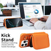 Orange premium PU leather phone case with a built-in wallet and card slots shown next to a laptop.