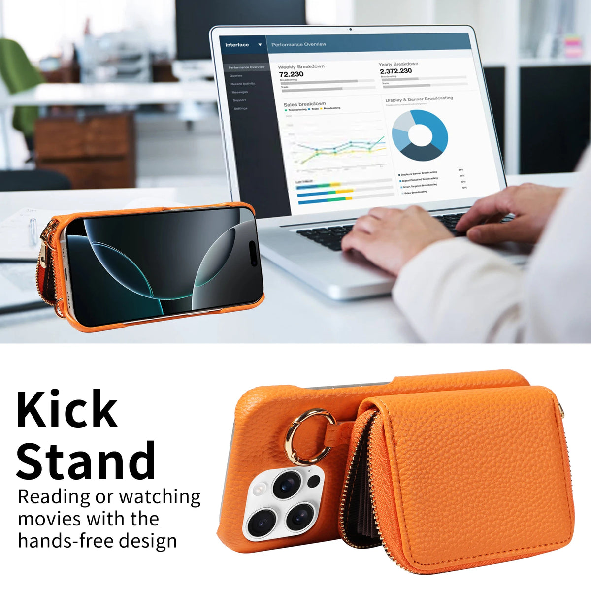 Orange premium PU leather phone case with a built-in wallet and card slots shown next to a laptop.