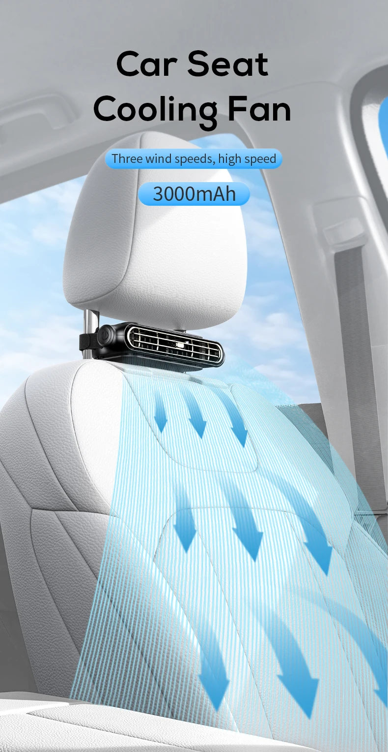 A car seat cooling fan is shown blowing cool air onto a person inside a car, with details about three wind speeds and 3000mAh