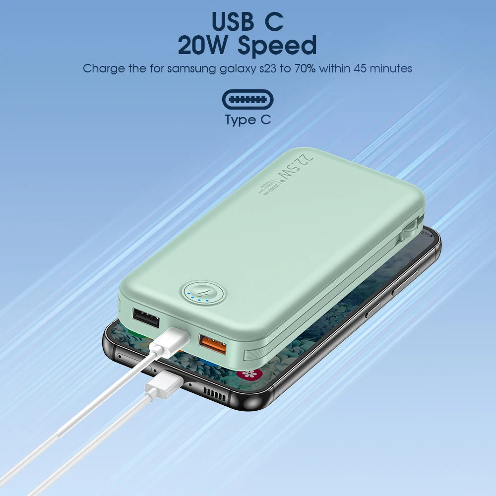 A portable charger is shown connecting to a smartphone via a cable, illustrating its 20W USB-C charging capability.