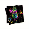 A set of five sheets of rainbow scratch-off art paper with stylus sticks displayed on a black background.