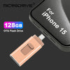 A 128GB OTG flash drive is shown next to an iPhone 15, demonstrating its use for data transfer.