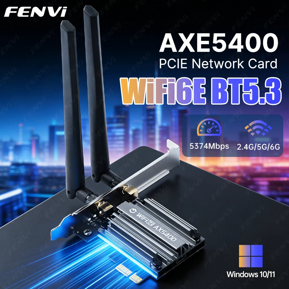 A black WiFi 6E BT5.3 PCIe Network Card with an antenna mounted on a dark surface.