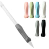 A white pen with a gray grip sleeve and several colored silicone grips shown next to it.