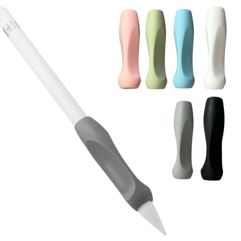 A white pen with a gray grip sleeve and several colored silicone grips shown next to it.