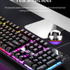 Close-up of a black mechanical keyboard featuring purple and blue LED lighting and a silver keycap, highlighting the tea shaf