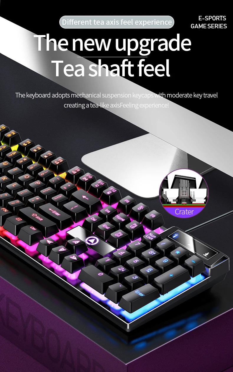 Close-up of a black mechanical keyboard featuring purple and blue LED lighting and a silver keycap, highlighting the tea shaf