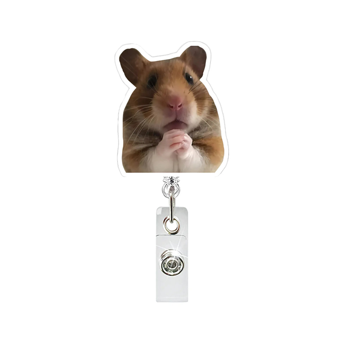 A brown hamster is pictured above a clear acrylic badge reel with a retractable clip.