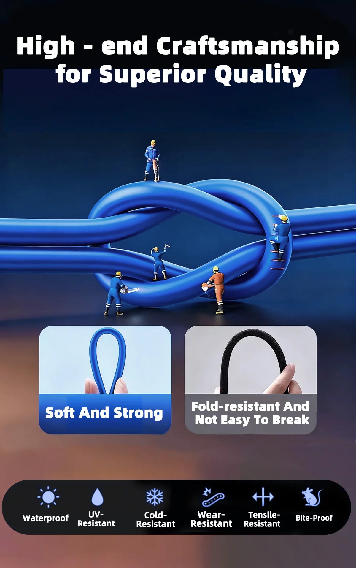 Blaues, rundes LAN-Kabel wird zu einem Knoten gedreht, um seine Flexibilität und Stärke zu demonstrieren
