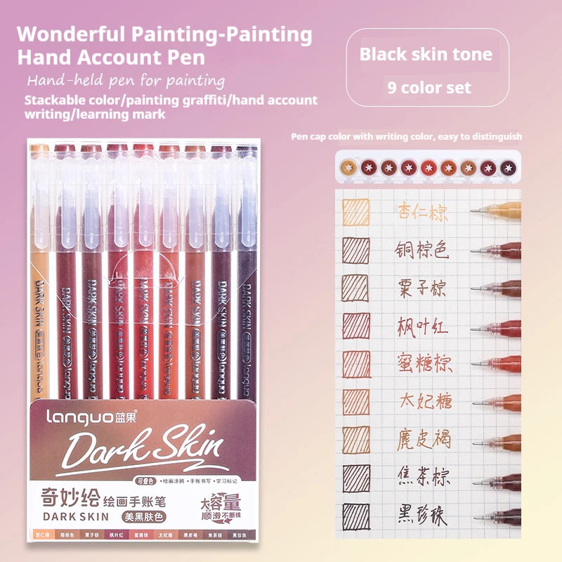A set of 9 black skin tone hand-held paint pens with various writing colors and tips.