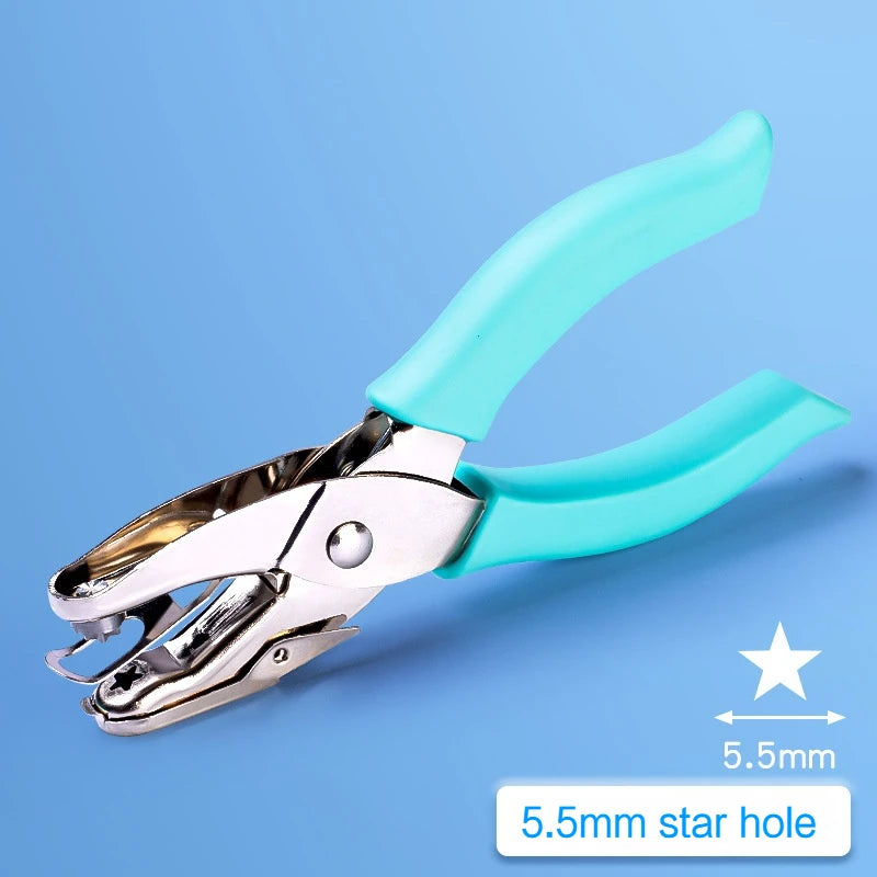 A pair of light blue metal crafting pliers with a 5.5mm star hole visible.