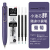 A purple Uni-Ball One P mini gel pen and its packaging box are shown.