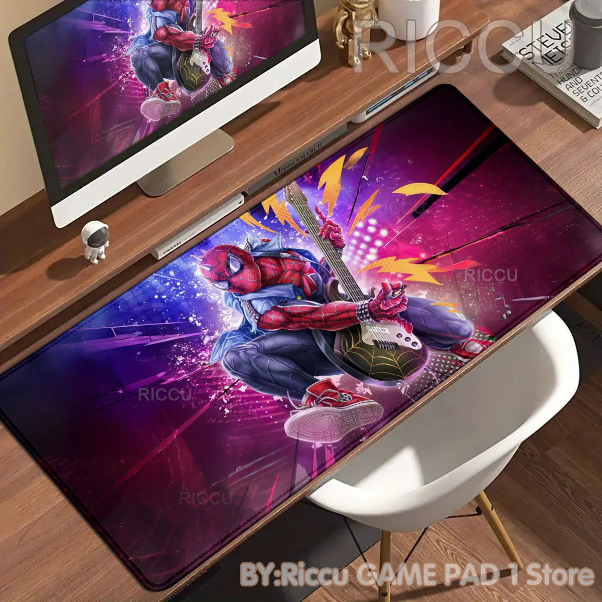 A vibrant Spider-Man anime desk mat featuring a superhero in action on a wooden desk.