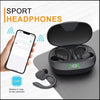 A black wireless Bluetooth earbud set is shown next to a smartphone, highlighting its use for sports and office.