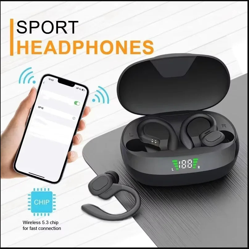 A black wireless Bluetooth earbud set is shown next to a smartphone, highlighting its use for sports and office.