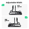 Adjustable vertical laptop stand shown with minimum 12mm and maximum 26mm width settings.