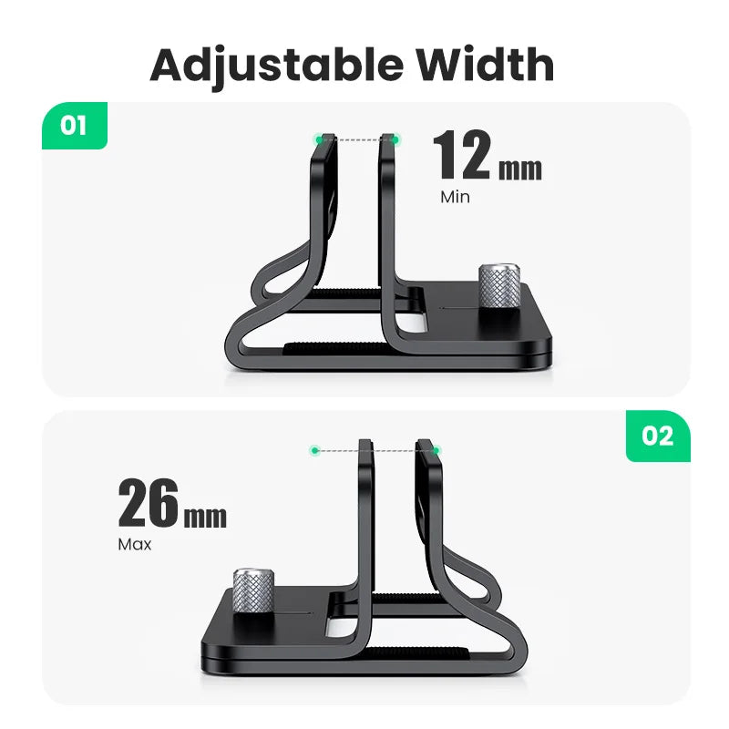 Adjustable vertical laptop stand shown with minimum 12mm and maximum 26mm width settings.