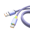 A close-up view of a blue and white USB-C fast charging cable with braided durability, showing the connector end.