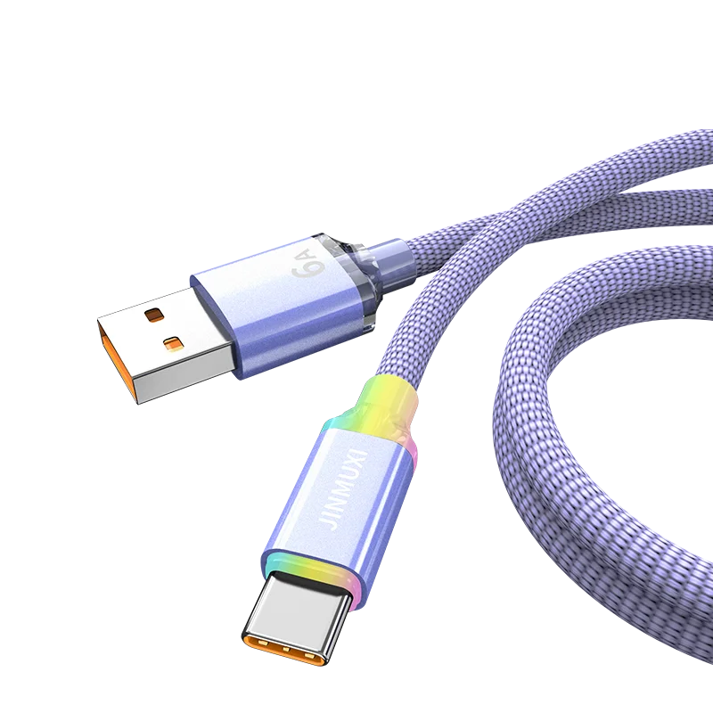 A close-up view of a blue and white USB-C fast charging cable with braided durability, showing the connector end.