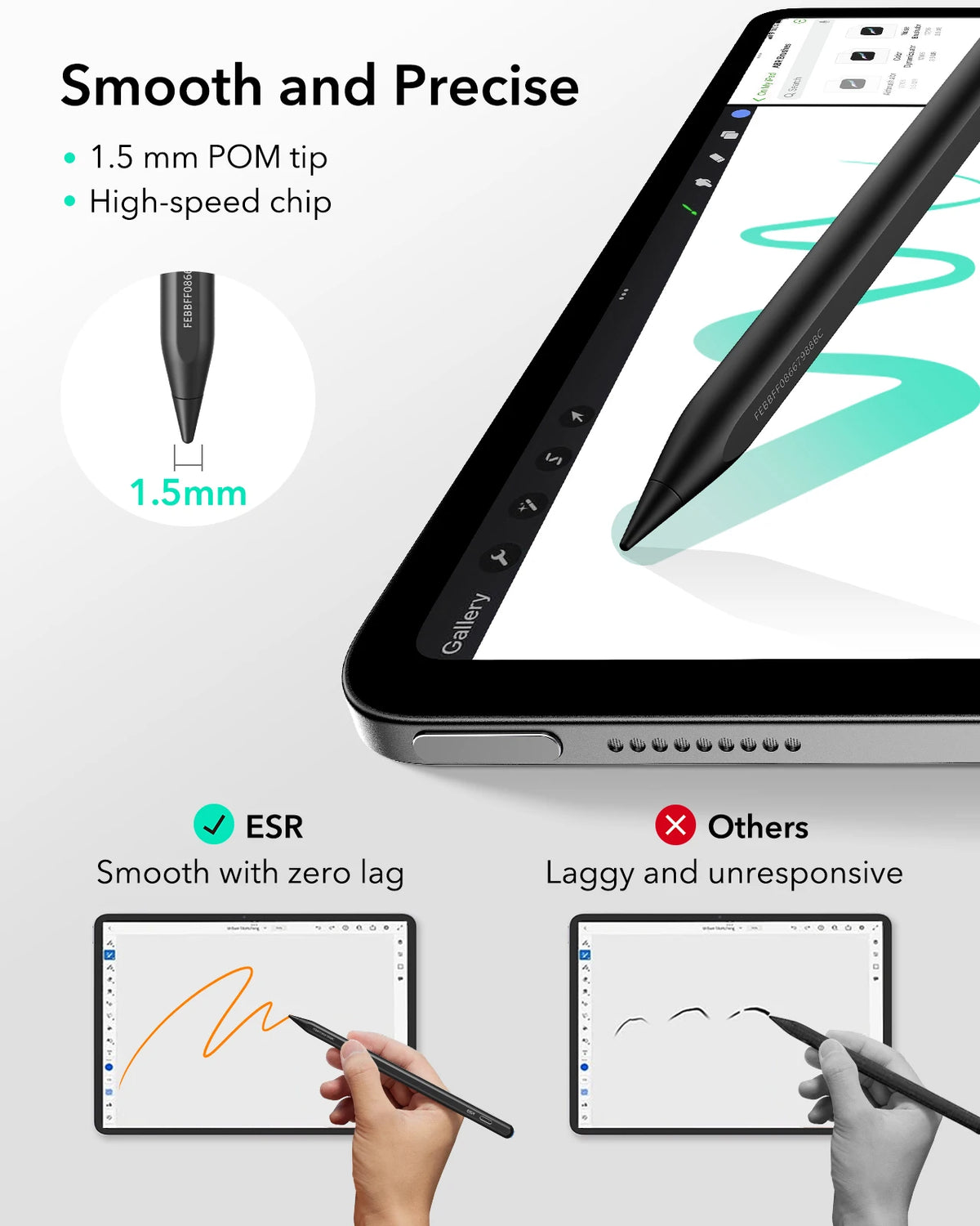 A precision stylus pen is shown next to an iPad, highlighting its 1.5 mm tip and high-speed chip features.