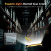 A magnetic rechargeable LED work light is shown illuminating a long industrial aisle, demonstrating its 131 FT reach.