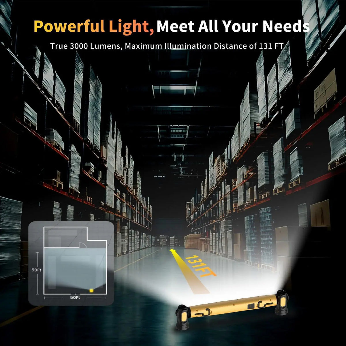 A magnetic rechargeable LED work light is shown illuminating a long industrial aisle, demonstrating its 131 FT reach.