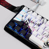 A close-up view of a black mechanical keyboard featuring custom white keycaps with anime-themed designs.