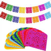 Colorful papel picado banner featuring intricate cut paper designs in pink, purple, green, yellow, and blue.