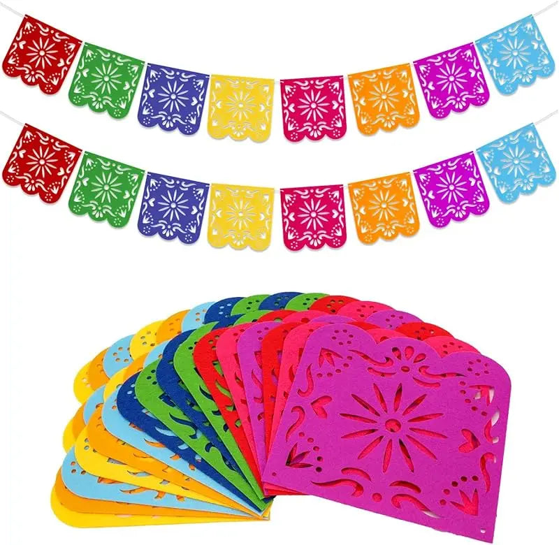 Colorful papel picado banner featuring intricate cut paper designs in pink, purple, green, yellow, and blue.