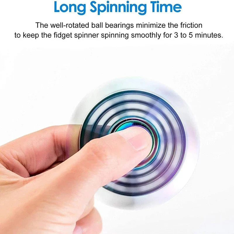 A hand is spinning a rainbow metal fidget spinner, showing the rotating layers of the device.