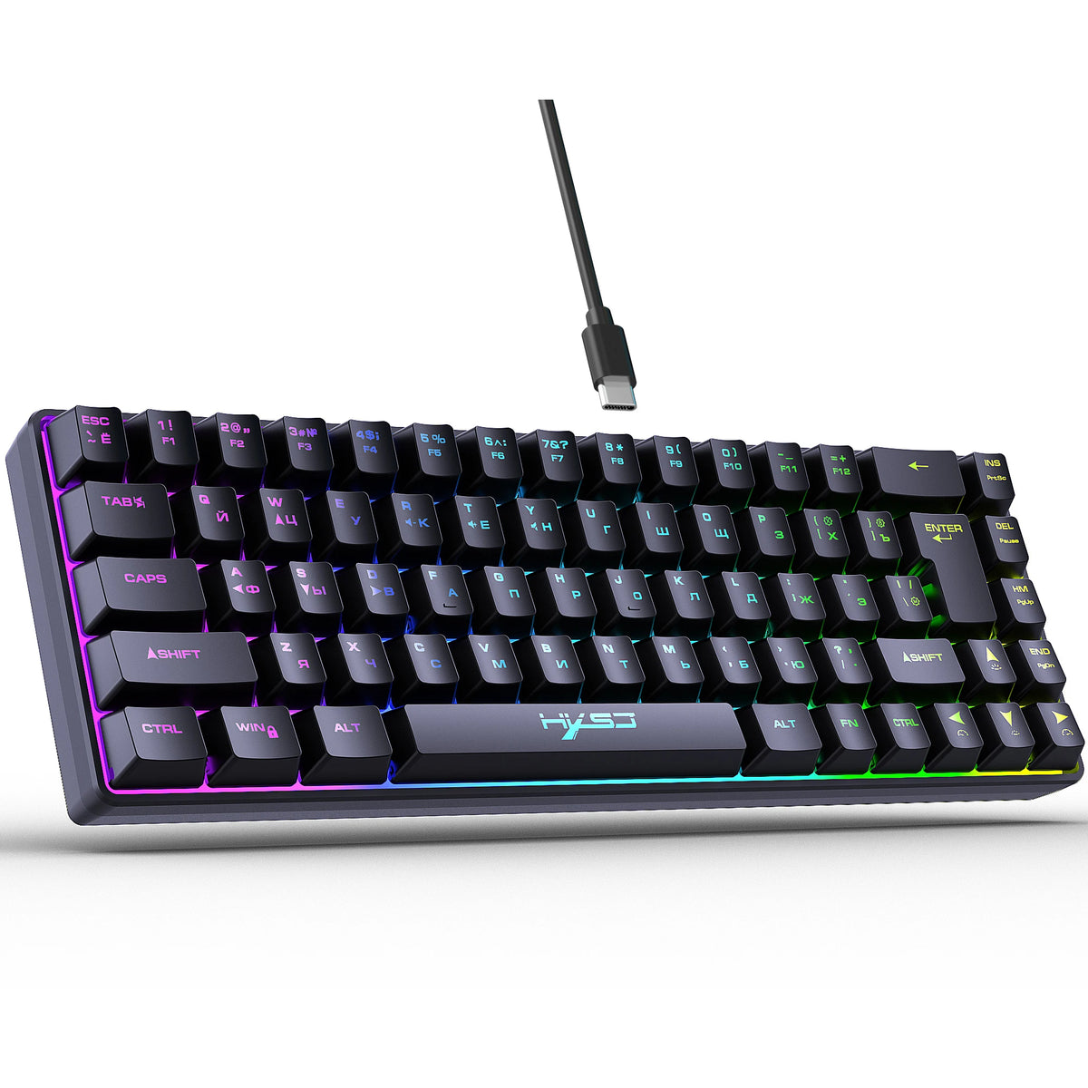 A black 68-key wired gaming keyboard with RGB backlight and a detachable USB cable.