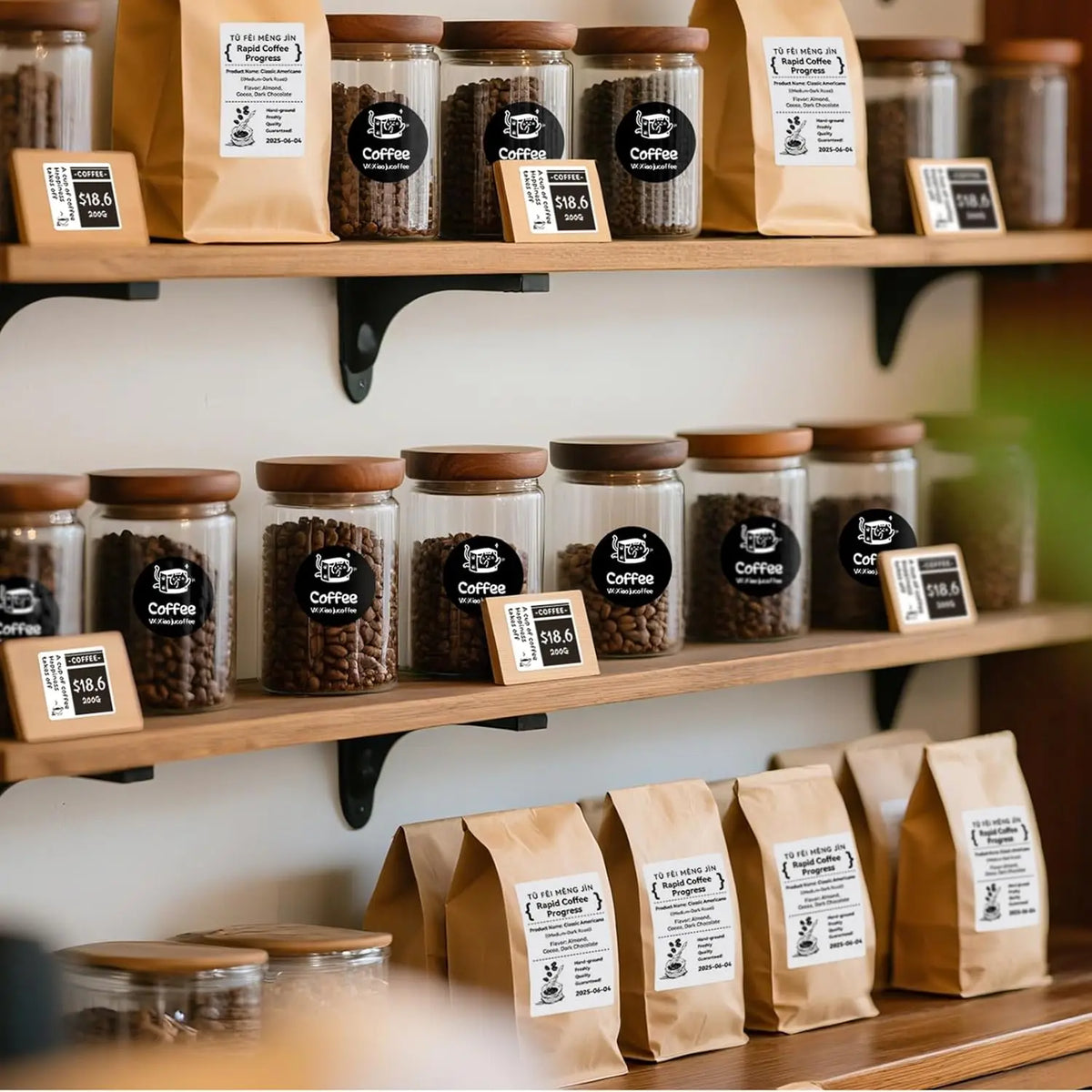 Row of glass jars filled with coffee beans and brown paper bags labeled for coffee products
