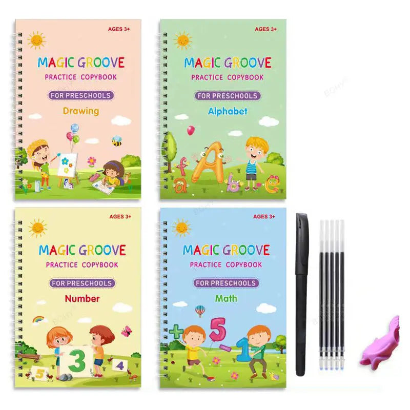 A set of colorful magic practice copybooks for preschoolers featuring drawing, alphabet, and number activities.