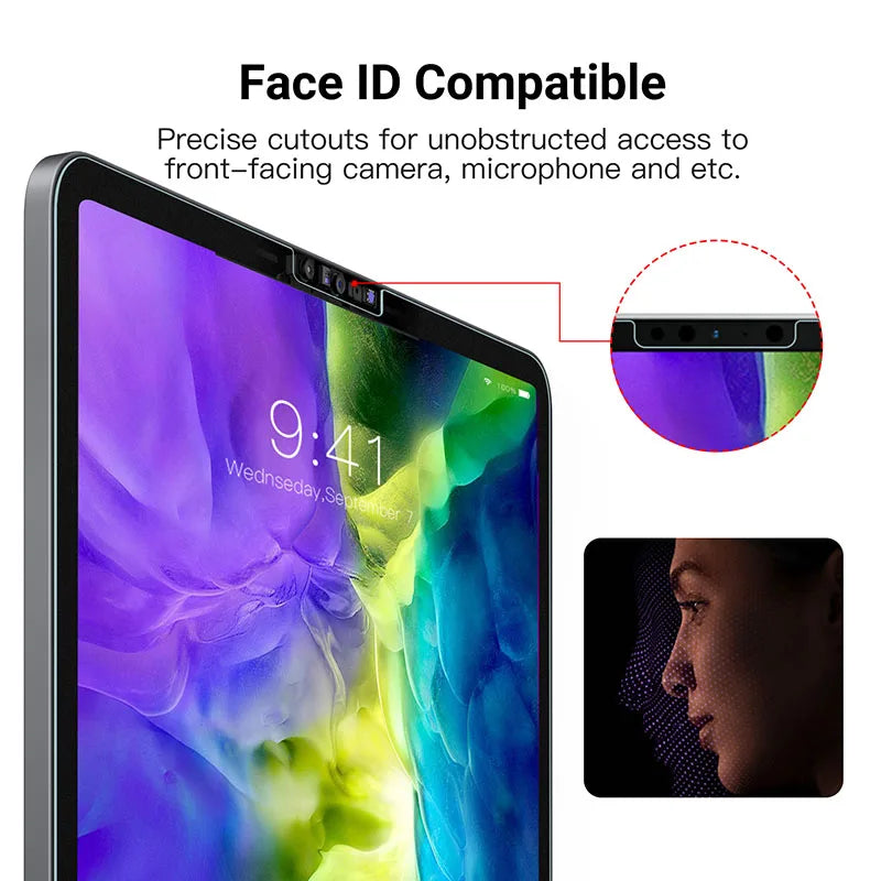 Film protecteur en PET mat appliqué sur l'écran d'un iPad, montrant les découpes précises pour l'accès caméra et microphone.