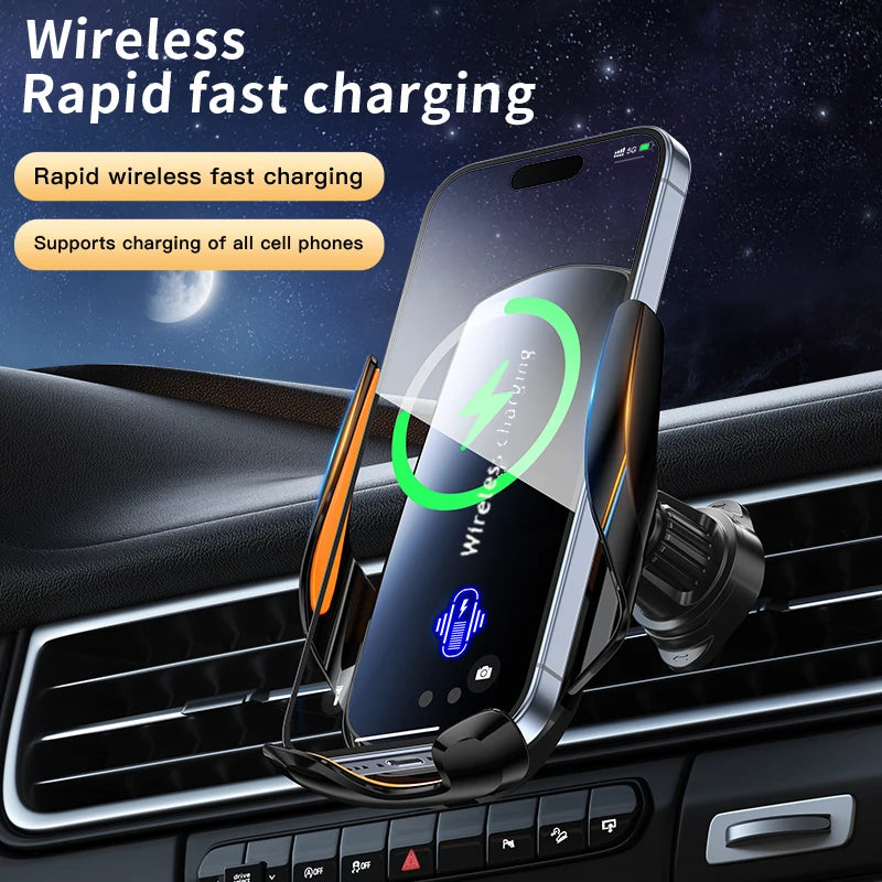 A wireless phone mount is shown in a car interior, demonstrating rapid wireless fast charging capability.
