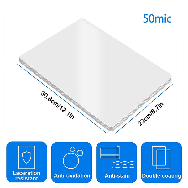 A white thermal laminating pouch, 30.8cm x 22cm, with features including laceration resistance, anti-oxidation, anti-stain, a