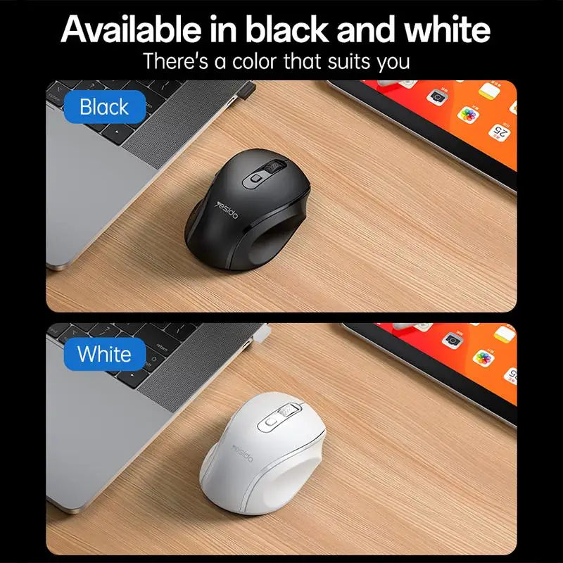 A black ergonomic wireless mouse and a white ergonomic wireless mouse are shown on a wooden surface.