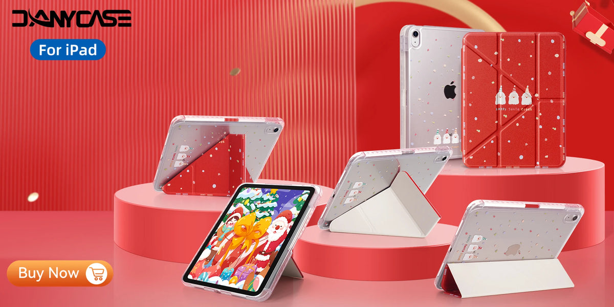 Darstellung verschiedener Universal-Hüllen für iPads und Tablets, darunter eine rote gemusterte und eine silberne Klapphülle
